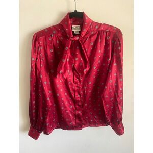 Vintage Koret Career Red Satin Tie Neck Blouse 80s  Size 8